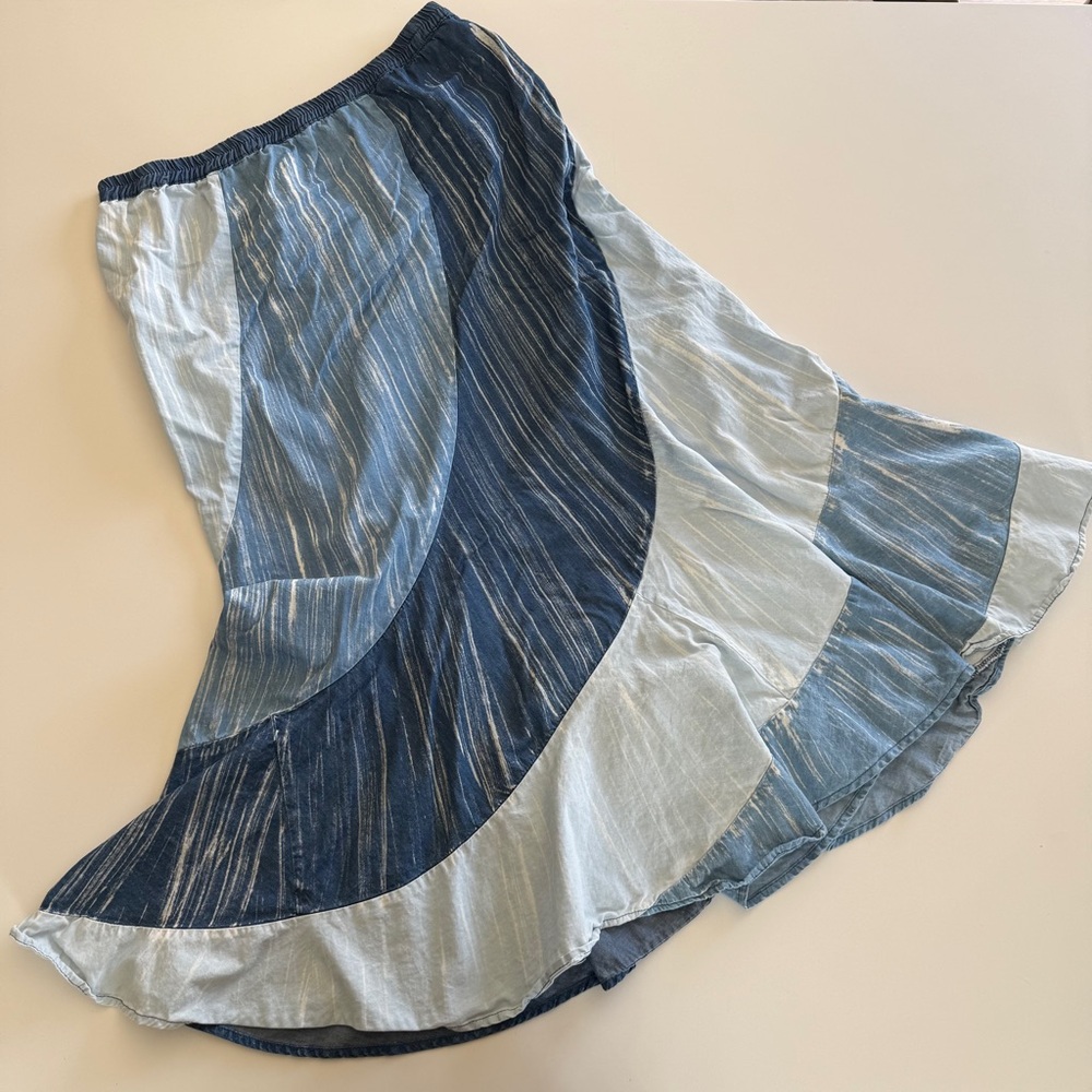 Frazzle-Vintage-90’s-Patchwork-Swirl-Chambray-Denim-Maxi Skirt-Western-Cowgirl-M